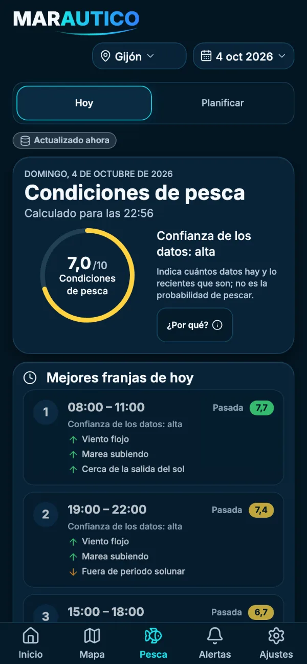 Pantalla Pesca de MARAUTICO con la puntuación actual y las mejores franjas de hoy