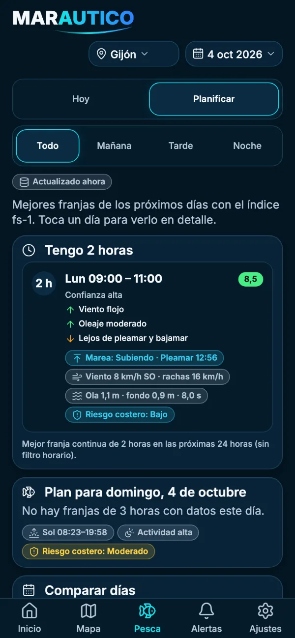 Pantalla Planificar de MARAUTICO con «Tengo 2 horas» y el plan del día